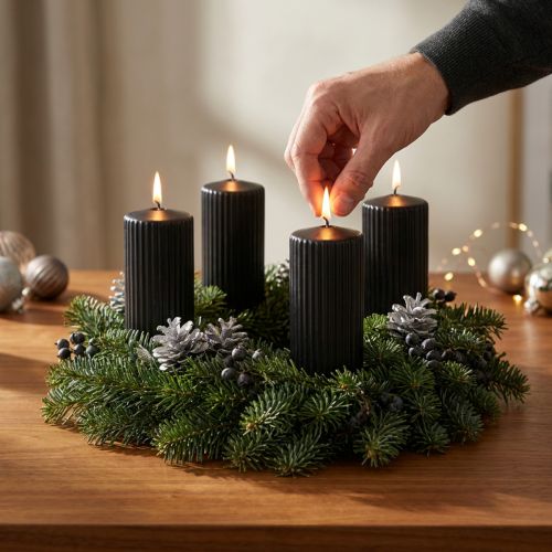 Stumpenkerzen Schwarz Rillen-Design 70/130mm 4er Set