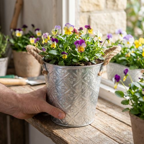 Metalltopf zum Bepflanzen, Blumentopf mit Henkeln, Pflanzgefäß mit Blumenmuster Ø18cm | Floristik24.de