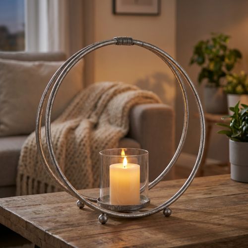 Windlicht Metall Kerzenhalter Silbern Glas Ø33cm | Floristik24.de