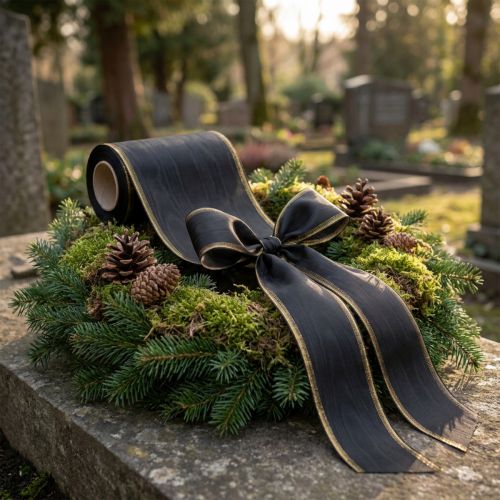 Elegantes Kranzband Moiré 175mm Schwarz mit Perlkante und Taftbindung, Dekoband Trauerfloristik, Schleifenband 25m | Floristik24.de