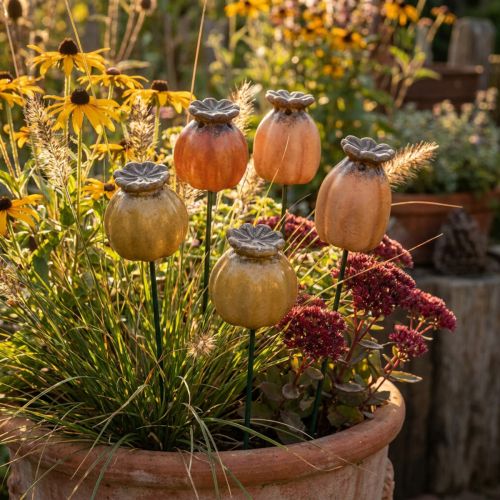 Artikel Gartenstecker Mohnkapsel Dekoratives Highlight für Gartendekoration und DIY Projekte 41cm 4St