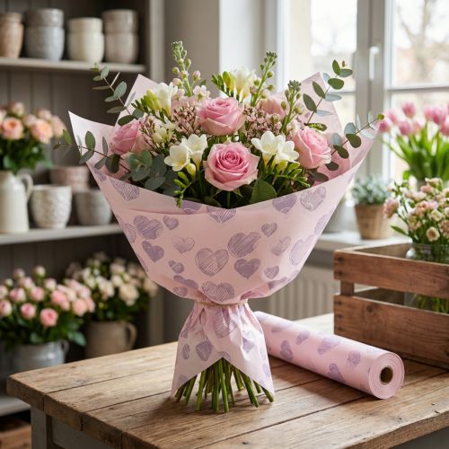 Artikel Manschettenpapier für Floristik mit Herzmotiven für dekorative Blütenkreationen 25cm 25m