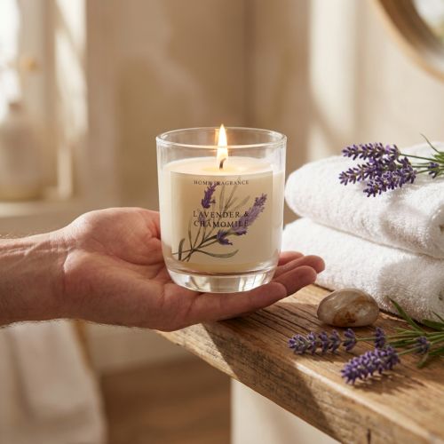 Artikel Duftkerze im Glas Lavendel Kamille Creme Ø7,5cm H8,5cm