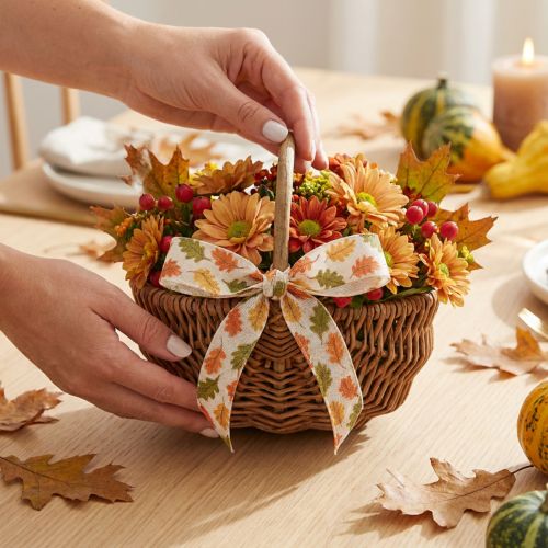 Artikel Geschenkband Herbst Stoffband mit Eichenblättern Creme 15mm 18m