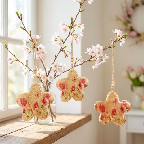 Artikel Holzanhänger Frühling Blumen in Natur Pink H9cm 4 St
