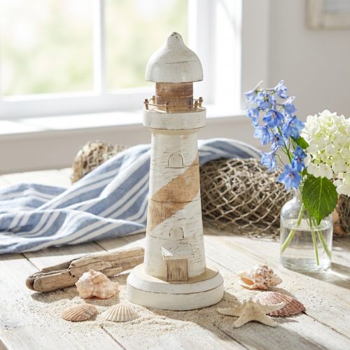 Leuchtturm Holz Maritime Deko Natur Weiß Ø10,5cm H28,5cm | Floristik24.de