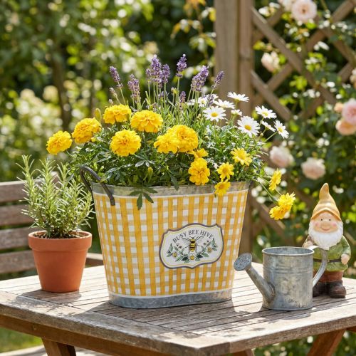 Pflanzkübel oval Biene kariert Sommerdeko Übertopf 38×24×29cm | Floristik24.de