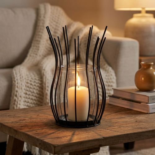 Windlicht Glas Metall Schwarz Ø17cm H27cm