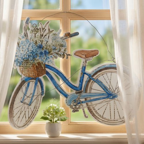 Dekoschild Holz Fahrrad Sommerdeko Schild zum Hängen Blau, Weiß 31×25cm | Floristik24.de