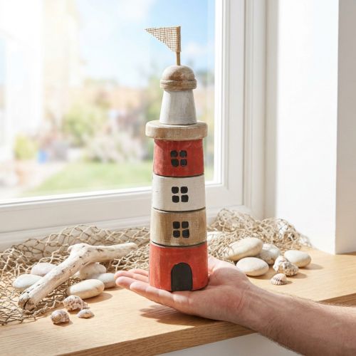 Leuchtturm aus Holz Maritime Holzdeko Rot Weiß H30,5cm | Floristik24.de