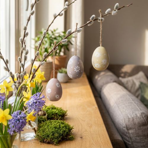 Artikel Ostereier mit Blumen Deko zum Hängen Holz Ei Sortiert 7cm 3St