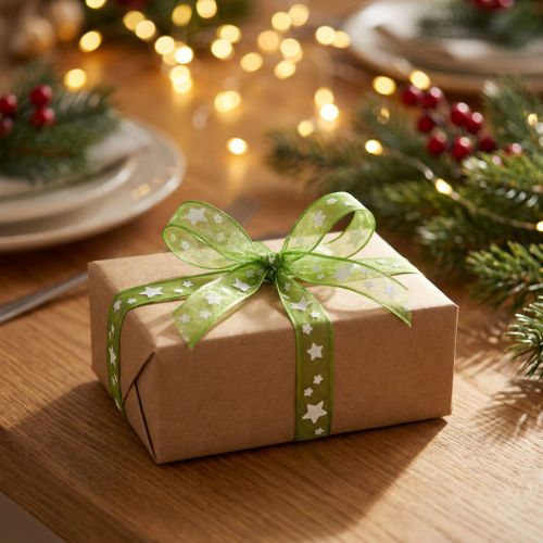 Artikel Weihnachtsband Organza Grün mit Stern 10mm 20m