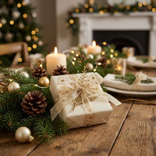 Artikel Organzaband Weihnachtsband Sterne Beige Gold B10mm L20m