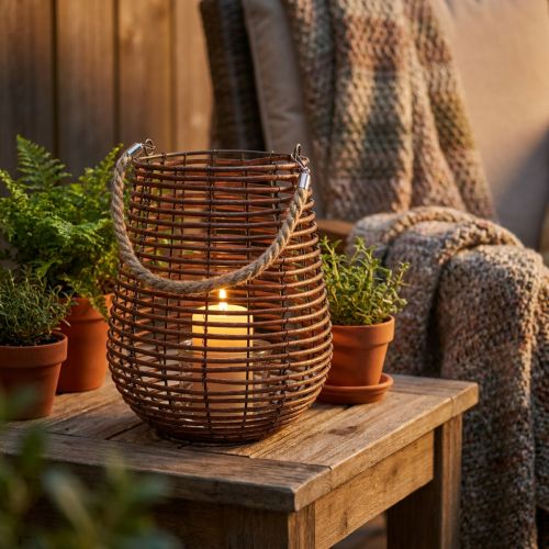 Windlicht Korb Ø24cm mit Henkel aus Holz und Glas