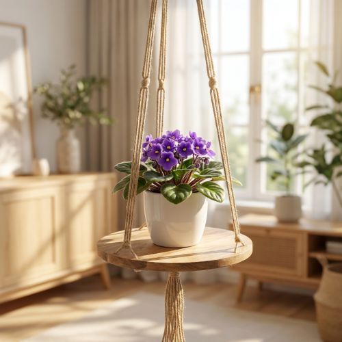 Artikel Pflanzenschaukel, Blumentablett am Seil, Hängeampel mit Makramee Ø34cm L84cm