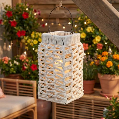 Windlicht zum Hängen, Sommerdeko, Laterne, Makramee H35,5cm B19cm | Floristik24.de