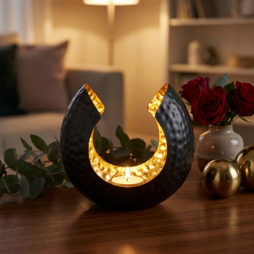 Teelichthalter Schwarz Gold Metall 19x11x17cm
