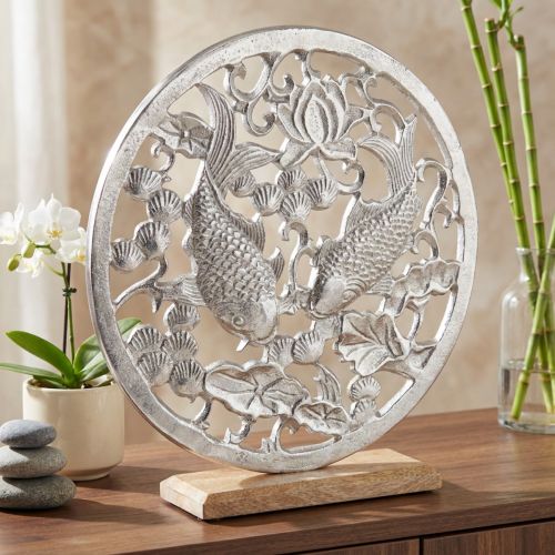 Dekoring Metall Holz Silber Koi Ø32cm