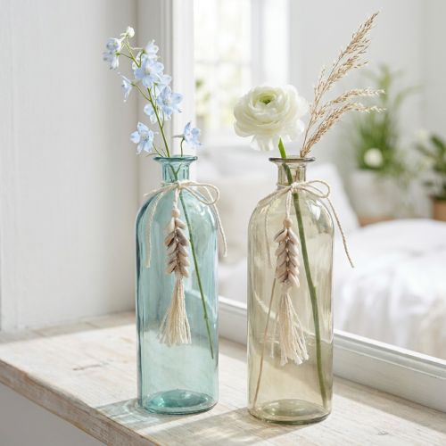Flaschen Deko Glas Vase Kauri Muscheln H26cm 2St