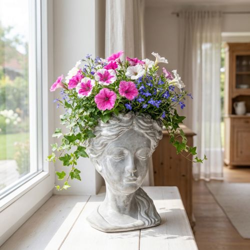 Pflanzkopf Beton Frauenkopf Weiß H34cm