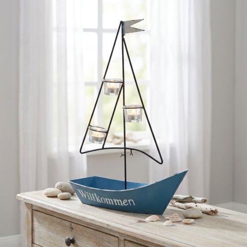 Windlicht Metall Schiff Maritime Deko Blau 38x14x55cm | Floristik24.de