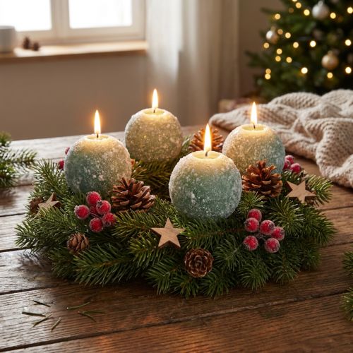 Artikel Set 4 Gr&uuml;ne Kugelkerzen 8cm Glitter Schneeball Weihnachtsdeko Advent Kerzen