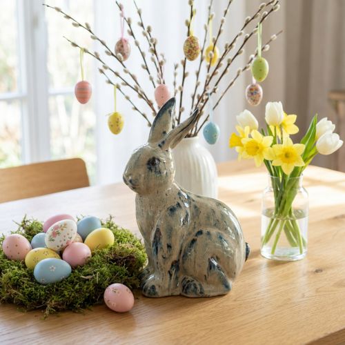 Osterhase Keramik Beige-Blau 18x11x25,5cm