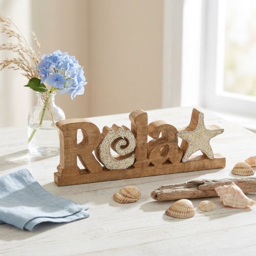 Artikel Maritime Tischdeko „Relax“ Aufsteller Mangoholz 28×10cm