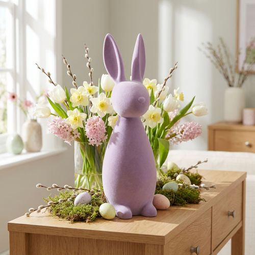 Deko Hase beflockt Flieder Lila 47cm