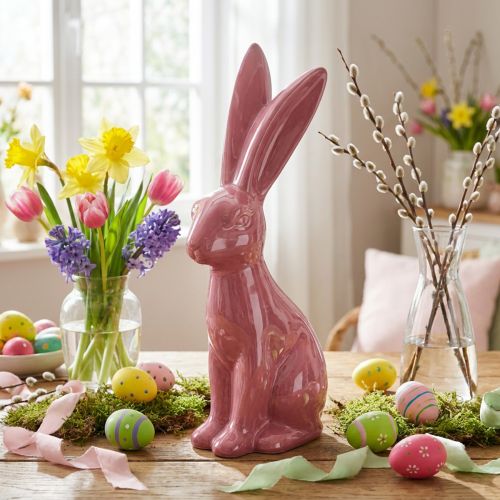 Osterdeko Hase Keramik Rosa 37cm Glänzende Figur