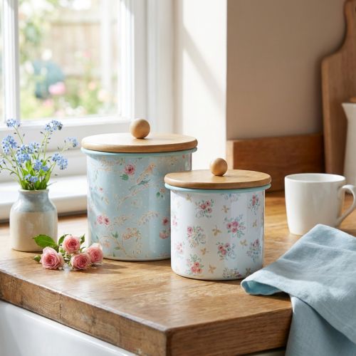 Emaille Dose mit Holzdeckel 2er-Set Retro Blumenmuster