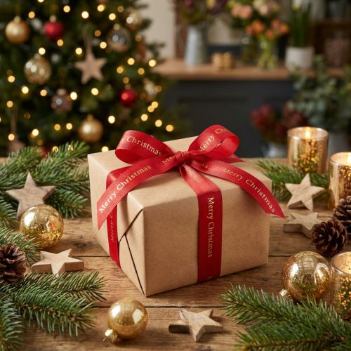 Artikel Rotes Weihnachtsband mit goldener 'Merry Christmas' Beschriftung Breite 25mm Länge 20m