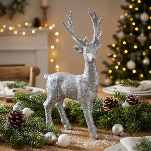 Dekofigur Hirsch Silber Glitter 25cm x 12cm