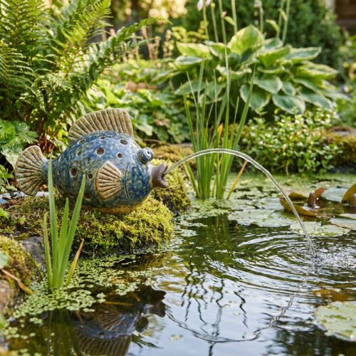 Wasserspeier Figur Keramik Fisch Blau Braun 20cm