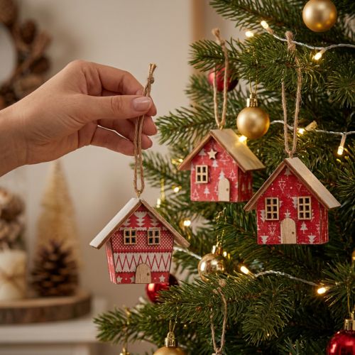 Rote Weihnachtshäuschen Papier Holz 5,5cm 6er Set