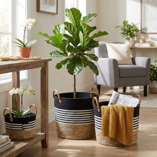 3er-Set Henkelkörbe Ordnungshelfer, Pflanzkorb & Utensilo Schwarz-Weiß Natur, Stapelbar Ø32/28/23cm H30/25/19cm | Floristik24.de