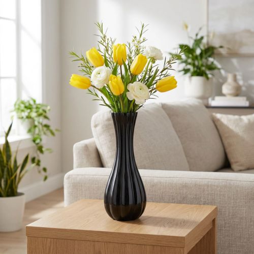 Vase Schwarz Glasvase Rillen Ø6cm H18cm