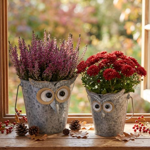 Deko Eimer Eule Zink 2er-Set Ø15/19cm mit Henkel