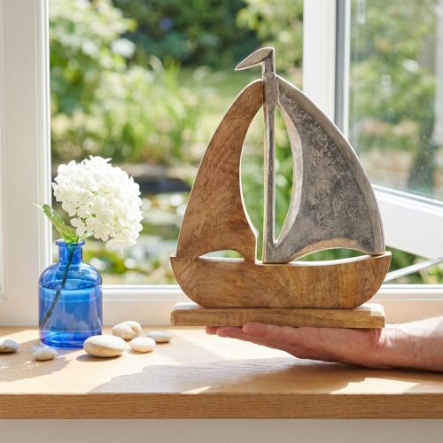 Segelschiff Deko Natur Silber Mangoholz 25,5x4x28,5cm | Floristik24.de
