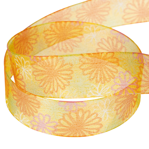 Artikel Geschenkband Blumen Organzaband Gelb Orange 25mm 18m