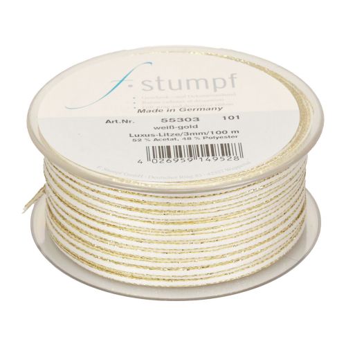 Floristik24 Geschenkband Seidenband Weiß Gold Litzenband 3mm 100m