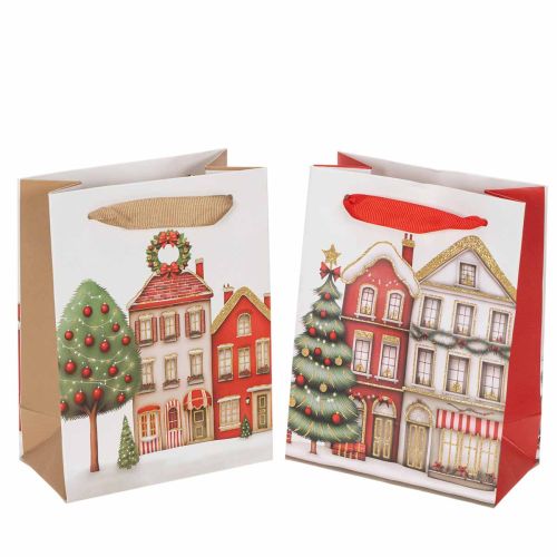 Weihnachtliche Geschenktüte mit Häusern und Tannenbaum 16cm 2St
