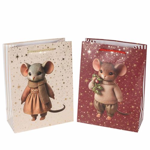 Geschenktüte mit Mausmotiv und Sternen für Weihnachten 24cm 2St