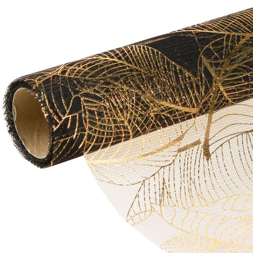 Organza Tischläufer Schwarz-Gold – Elegante Dekostoff-Rolle mit Blättermuster 48 x 450cm