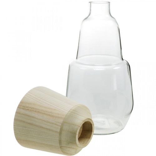 Artikel Glasvase mit Holz Deko Vase Blumenvase Klar H30cm