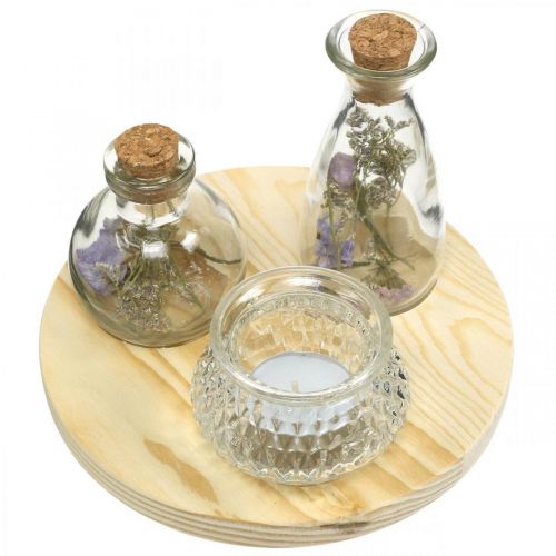 Floristik24 Vasenset auf Holztablett, Tischdeko mit Trockenblumen, Windlicht Naturfarben, Transparent Ø18cm
