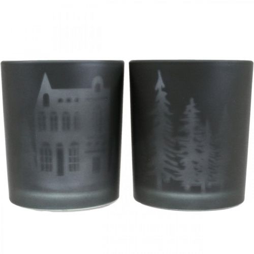 Floristik24 Windlichter, Teelichthalter Glas Weihnachten Schwarz Ø7cm 2St