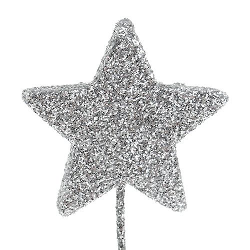 Floristik24 Glitterstern Silber 4cm am Draht 60St