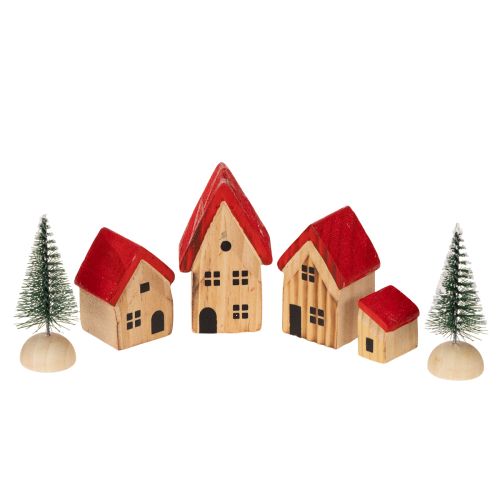 Holz Dekohaus Set mit roten Dächern und Tannenbäumen 12cm 6-tlg