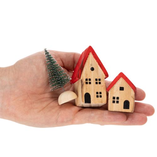 Holz Dekohaus Set mit roten Dächern und Tannenbäumen 12cm 6-tlg | Floristik24.de